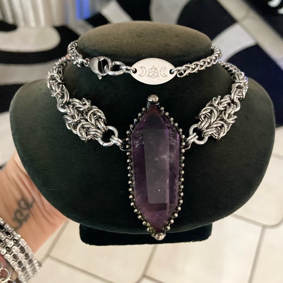 Handmade stainless steel maille necklace genuine big amethyst purple crystal - Picture 10 of 12